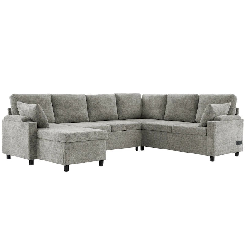 Canapé en U, Canapé Sectionnel en Chenille avec 2 Porte-Gobelets et Ports de Charge Canapé-Lit Inclinable pour Salon