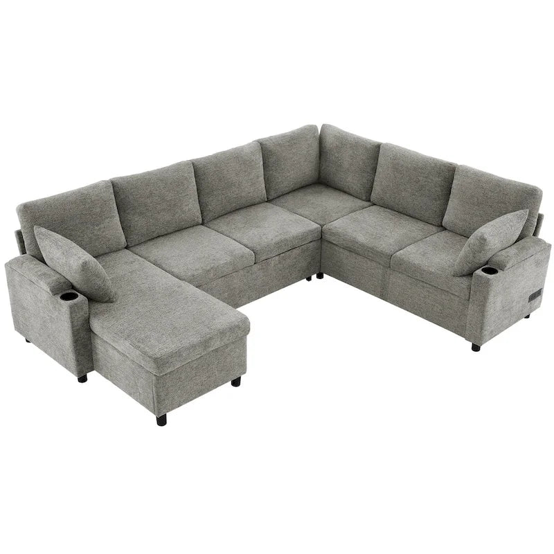 Canapé en U, Canapé Sectionnel en Chenille avec 2 Porte-Gobelets et Ports de Charge Canapé-Lit Inclinable pour Salon