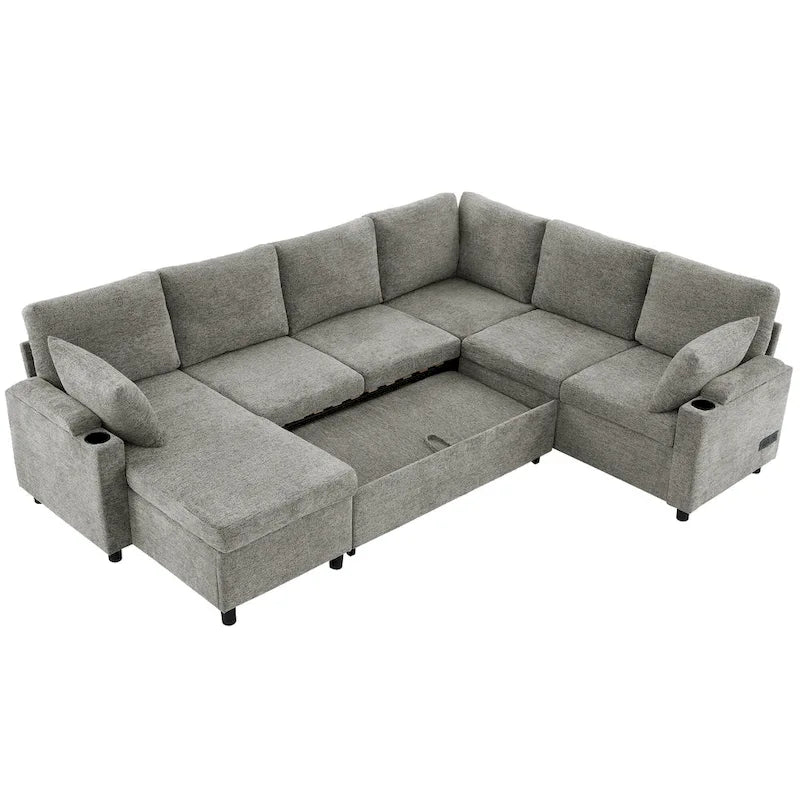 Canapé en U, Canapé Sectionnel en Chenille avec 2 Porte-Gobelets et Ports de Charge Canapé-Lit Inclinable pour Salon