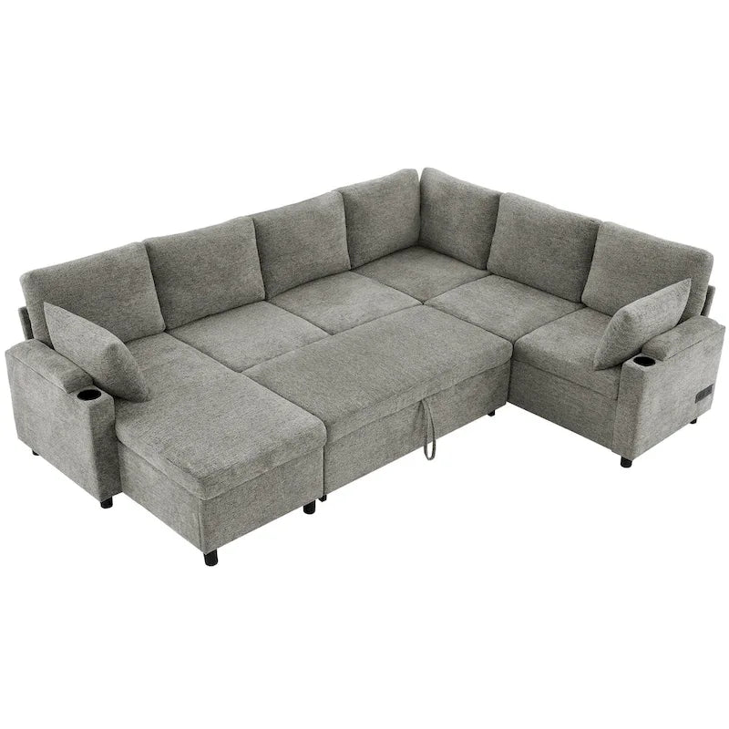 Canapé en U, Canapé Sectionnel en Chenille avec 2 Porte-Gobelets et Ports de Charge Canapé-Lit Inclinable pour Salon