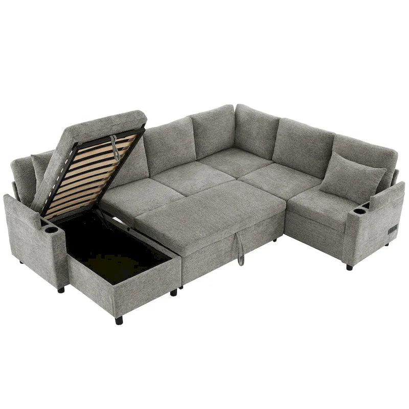 Canapé en U, Canapé Sectionnel en Chenille avec 2 Porte-Gobelets et Ports de Charge Canapé-Lit Inclinable pour Salon