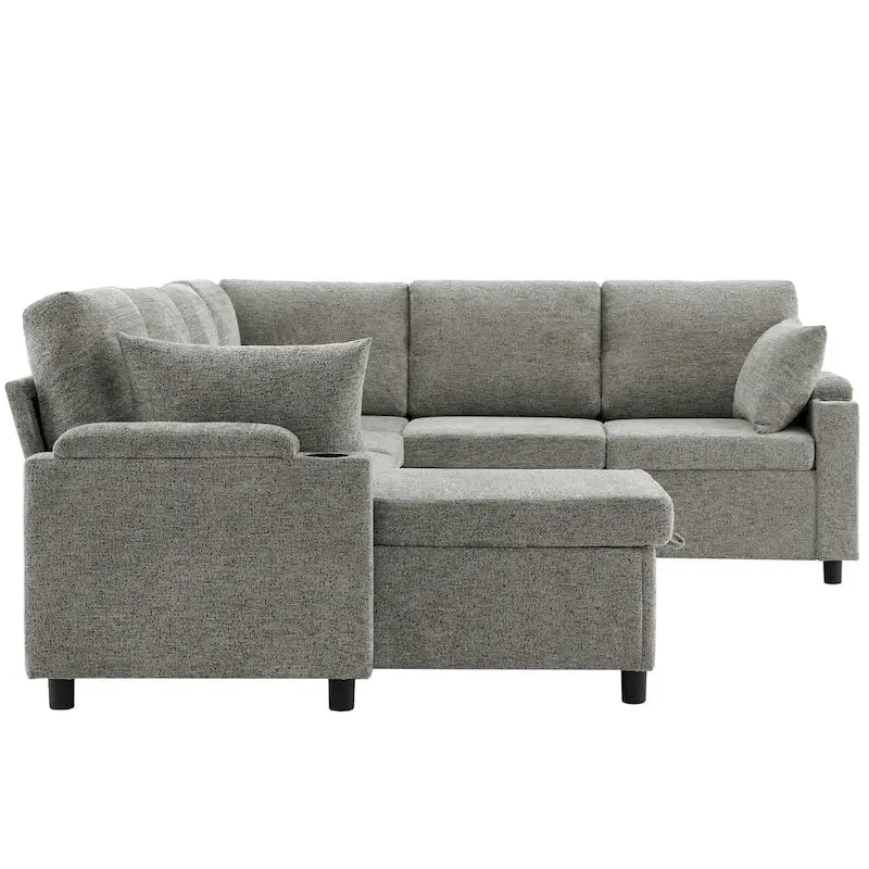 Canapé en U, Canapé Sectionnel en Chenille avec 2 Porte-Gobelets et Ports de Charge Canapé-Lit Inclinable pour Salon