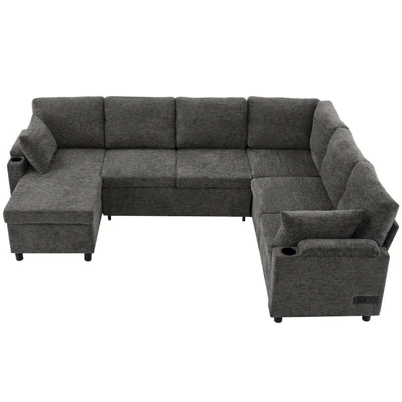 Canapé en U, Canapé Sectionnel en Chenille avec 2 Porte-Gobelets et Ports de Charge Canapé-Lit Inclinable pour Salon