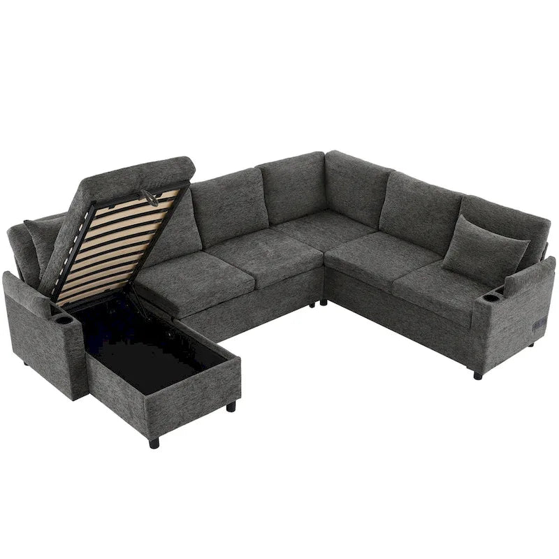 Canapé en U, Canapé Sectionnel en Chenille avec 2 Porte-Gobelets et Ports de Charge Canapé-Lit Inclinable pour Salon