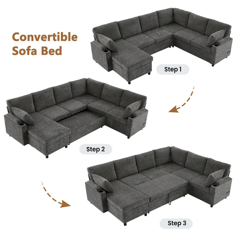 Canapé en U, Canapé Sectionnel en Chenille avec 2 Porte-Gobelets et Ports de Charge Canapé-Lit Inclinable pour Salon