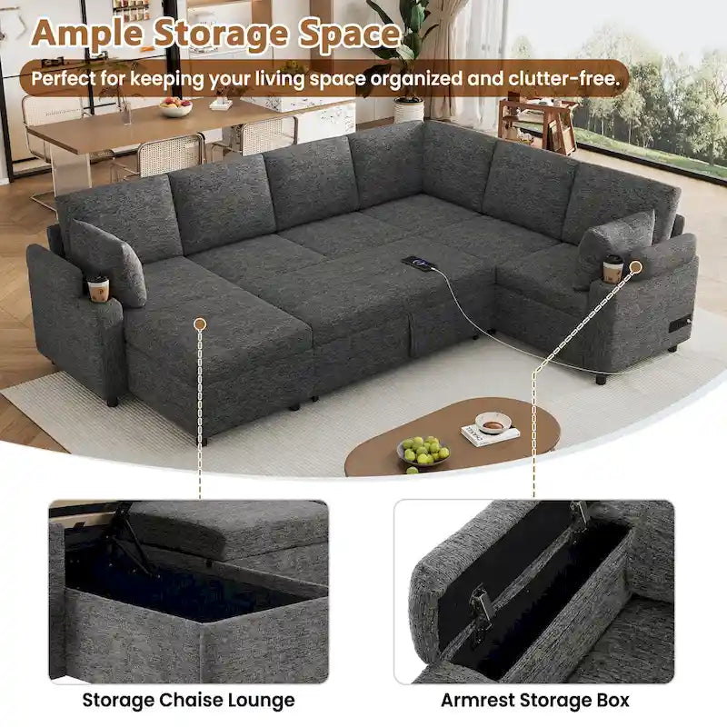 Canapé en U, Canapé Sectionnel en Chenille avec 2 Porte-Gobelets et Ports de Charge Canapé-Lit Inclinable pour Salon