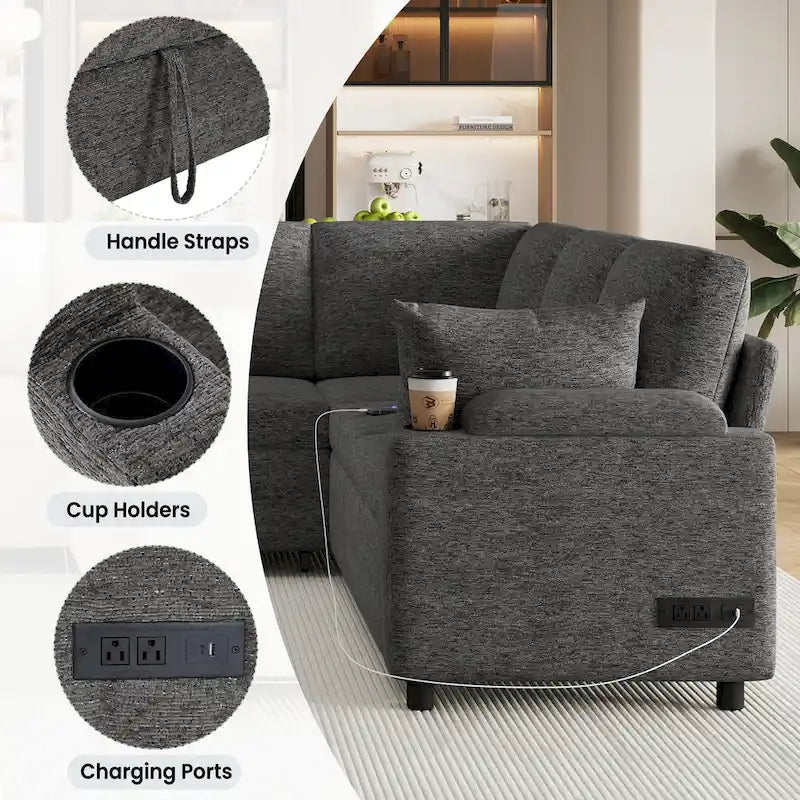 Canapé en U, Canapé Sectionnel en Chenille avec 2 Porte-Gobelets et Ports de Charge Canapé-Lit Inclinable pour Salon