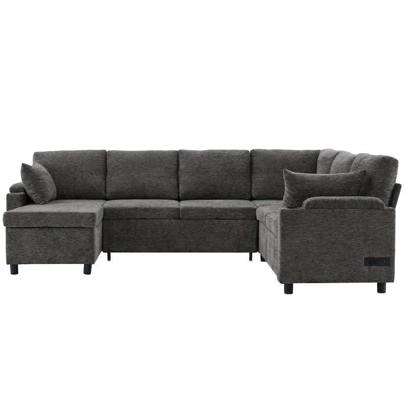 Canapé en U, Canapé Sectionnel en Chenille avec 2 Porte-Gobelets et Ports de Charge Canapé-Lit Inclinable pour Salon