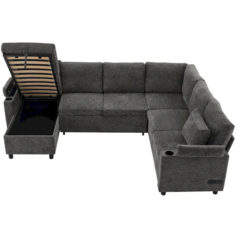 Canapé en U, Canapé Sectionnel en Chenille avec 2 Porte-Gobelets et Ports de Charge Canapé-Lit Inclinable pour Salon