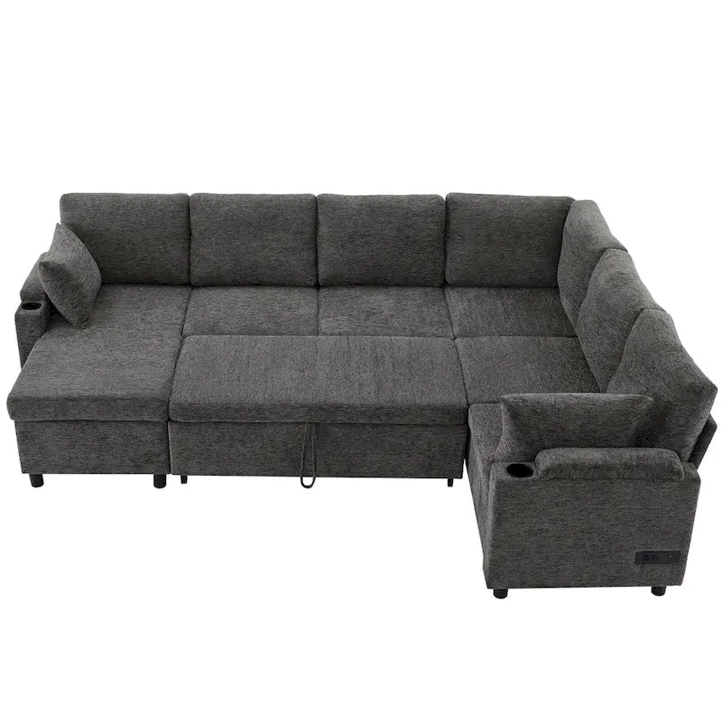 Canapé en U, Canapé Sectionnel en Chenille avec 2 Porte-Gobelets et Ports de Charge Canapé-Lit Inclinable pour Salon