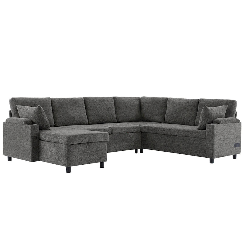 Canapé en U, Canapé Sectionnel en Chenille avec 2 Porte-Gobelets et Ports de Charge Canapé-Lit Inclinable pour Salon