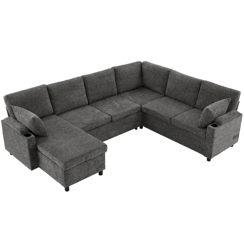 Canapé en U, Canapé Sectionnel en Chenille avec 2 Porte-Gobelets et Ports de Charge Canapé-Lit Inclinable pour Salon