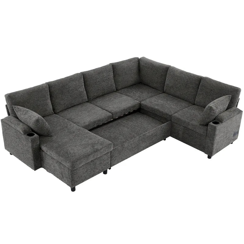 Canapé en U, Canapé Sectionnel en Chenille avec 2 Porte-Gobelets et Ports de Charge Canapé-Lit Inclinable pour Salon
