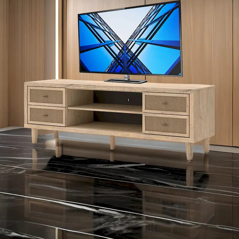 Meuble TV grand Ciel, 4 tiroirs, 2 étagères, bois marron, 183 cm