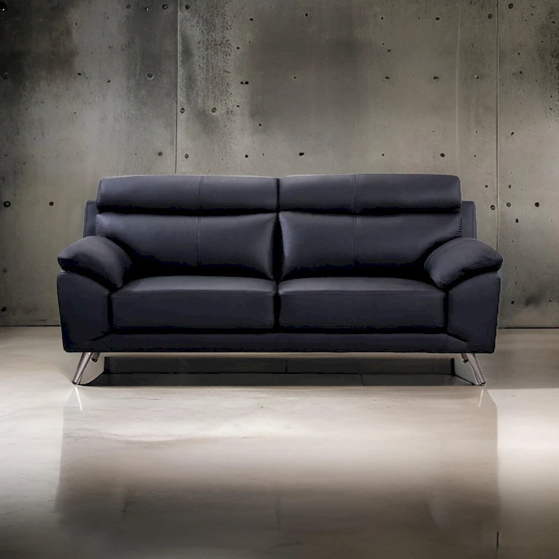 Canapé Justin, cuir pleine fleur noir, coussins en mousse, pieds en acier, 203 cm