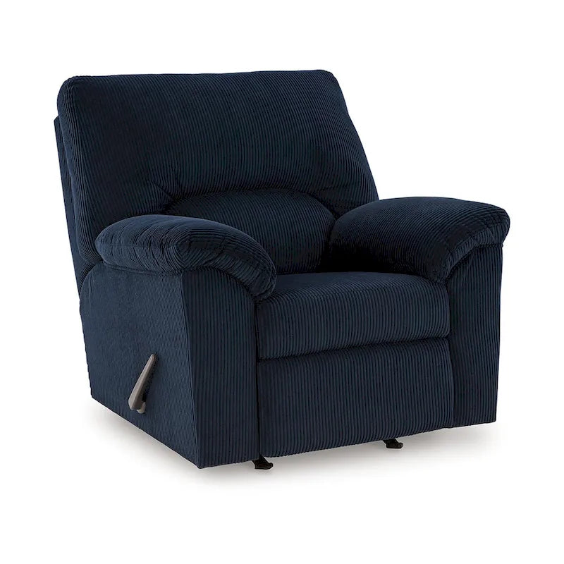 Fauteuil relax inclinable Simy Rocker, accoudoirs rembourrés, velours côtelé bleu marine foncé
