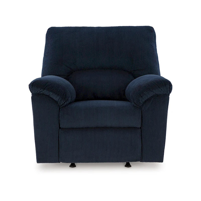 Fauteuil relax inclinable Simy Rocker, accoudoirs rembourrés, velours côtelé bleu marine foncé