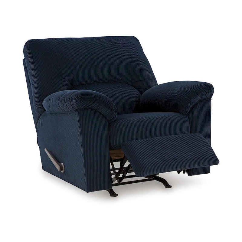 Fauteuil relax inclinable Simy Rocker, accoudoirs rembourrés, velours côtelé bleu marine foncé