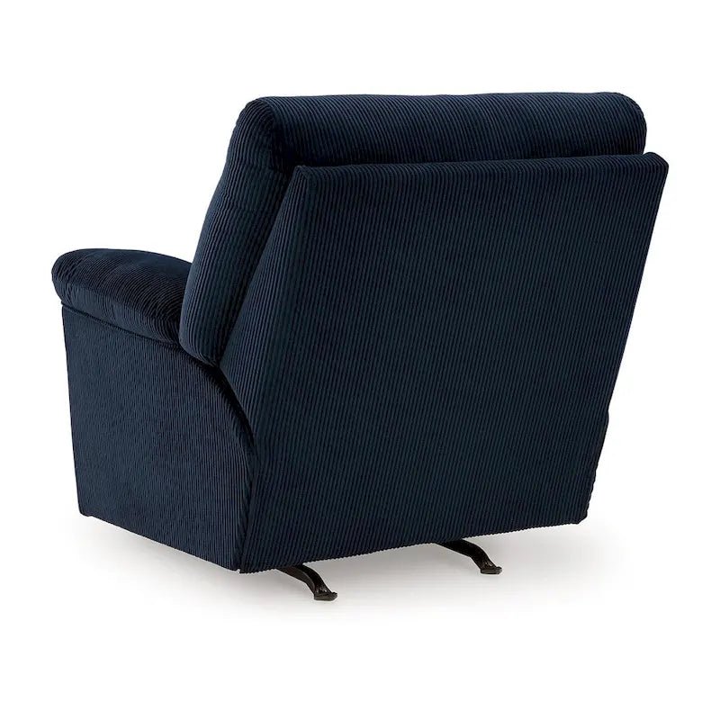 Fauteuil relax inclinable Simy Rocker, accoudoirs rembourrés, velours côtelé bleu marine foncé