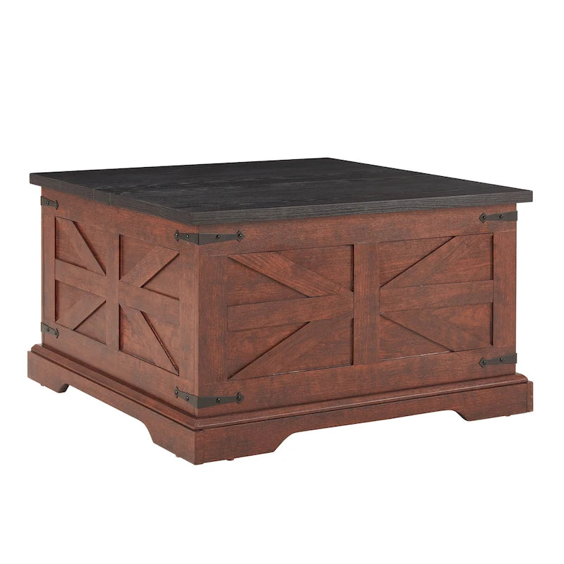 Table basse de ferme carrée en bois avec grand compartiment de rangement caché, plateau relevable à charnières, pour salon