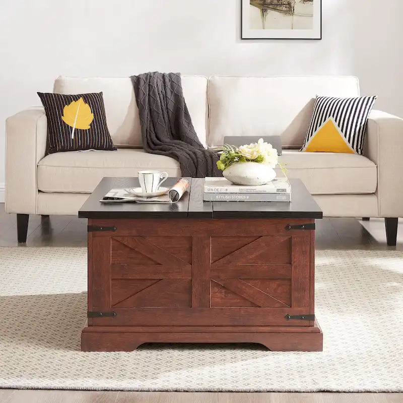 Table basse de ferme carrée en bois avec grand compartiment de rangement caché, plateau relevable à charnières, pour salon