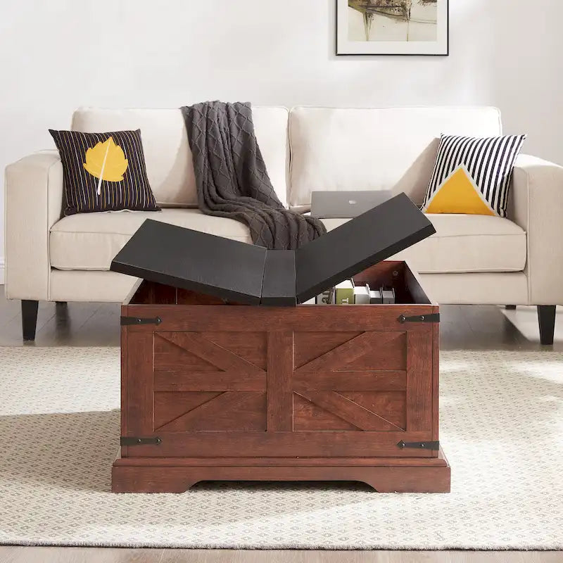 Table basse de ferme carrée en bois avec grand compartiment de rangement caché, plateau relevable à charnières, pour salon