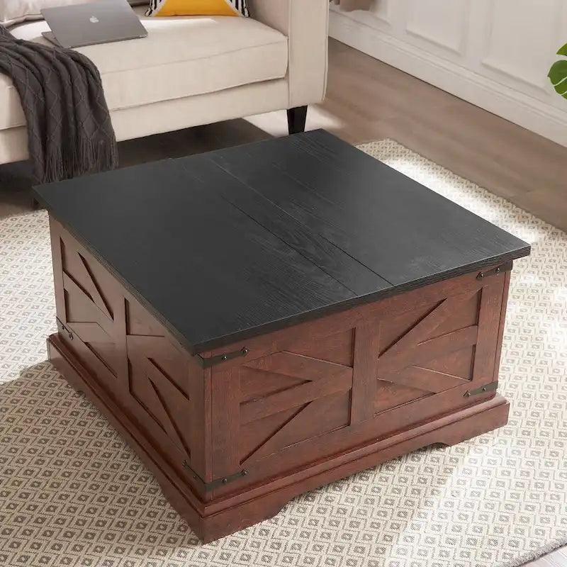 Table basse de ferme carrée en bois avec grand compartiment de rangement caché, plateau relevable à charnières, pour salon