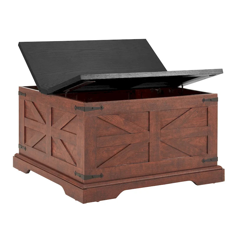 Table basse de ferme carrée en bois avec grand compartiment de rangement caché, plateau relevable à charnières, pour salon