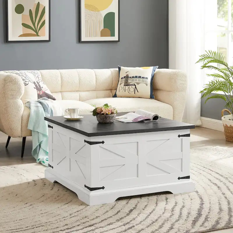 Table basse de ferme carrée en bois avec grand compartiment de rangement caché, plateau relevable à charnières, pour salon