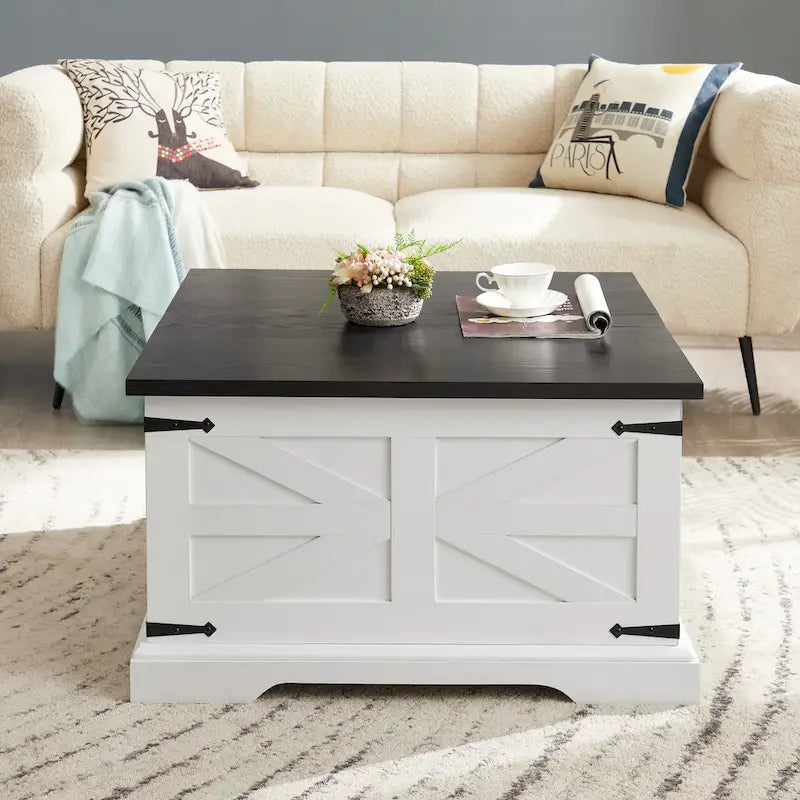 Table basse de ferme carrée en bois avec grand compartiment de rangement caché, plateau relevable à charnières, pour salon