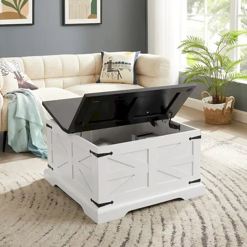 Table basse de ferme carrée en bois avec grand compartiment de rangement caché, plateau relevable à charnières, pour salon