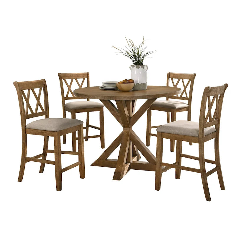 Ensemble de salle à manger hauteur comptoir, ensemble de table de salle à manger ronde 5 pièces avec table ronde et 4 chaises de salle à manger rembourrées