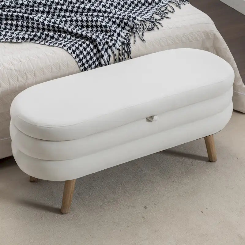 Banc de rangement ottoman avec pieds en bois, banc ovale de bout de lit intérieur avec patins ajustables pour le salon