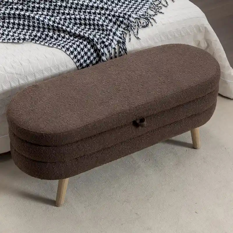 Banc de rangement ottoman avec pieds en bois, banc ovale de bout de lit intérieur avec patins ajustables pour le salon