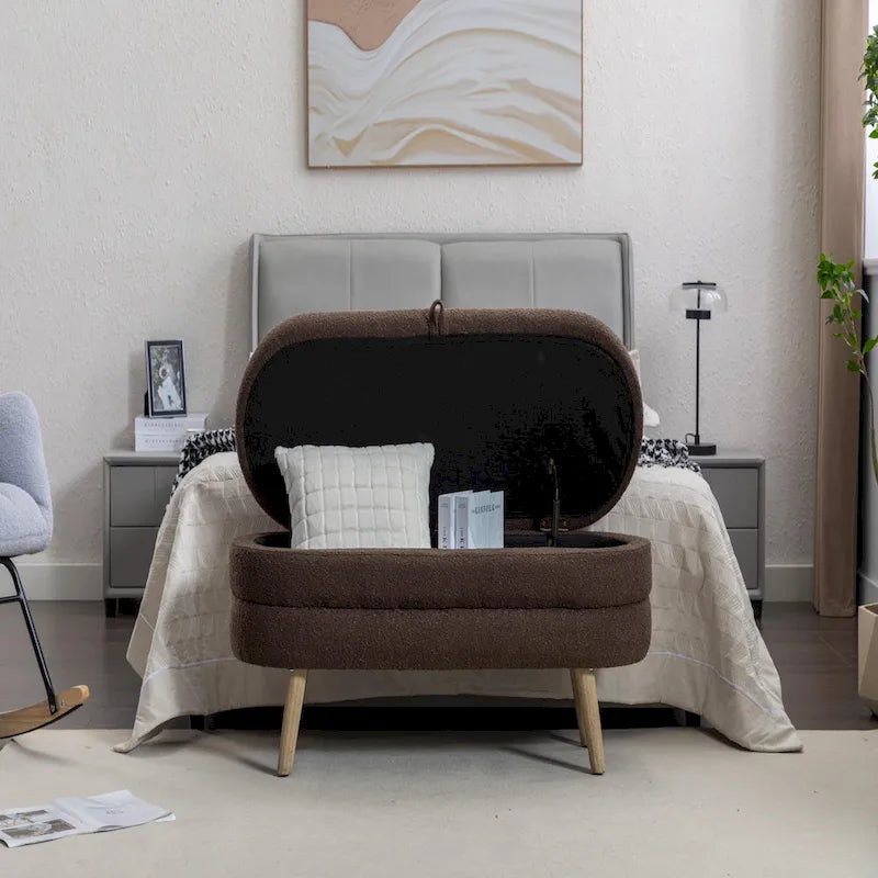 Banc de rangement ottoman avec pieds en bois, banc ovale de bout de lit intérieur avec patins ajustables pour le salon