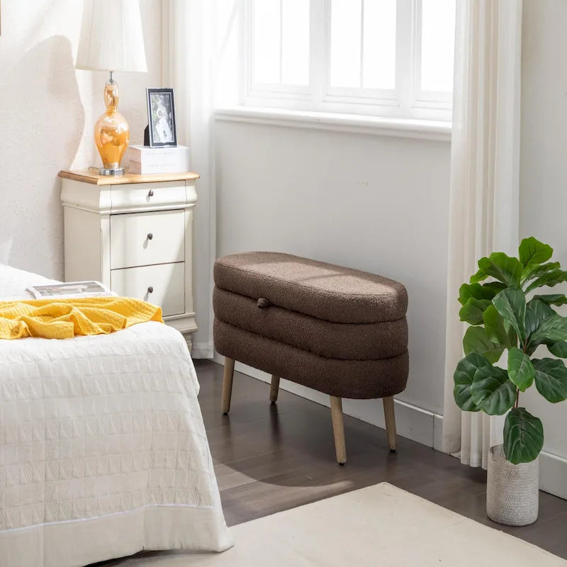 Banc de rangement ottoman avec pieds en bois, banc ovale de bout de lit intérieur avec patins ajustables pour le salon