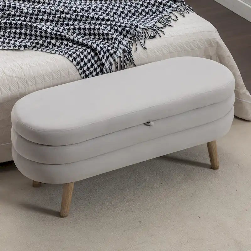 Banc de rangement ottoman avec pieds en bois, banc ovale de bout de lit intérieur avec patins ajustables pour le salon