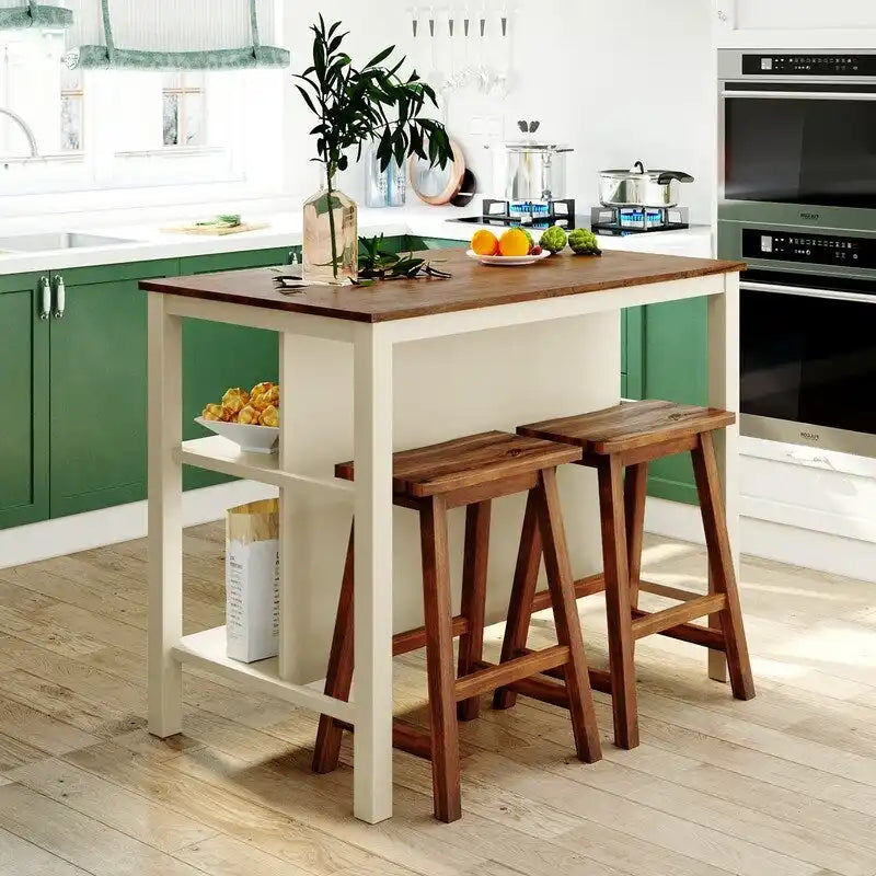 Ensemble îlot de cuisine rustique 3 pièces en bois massif Table de boucher stationnaire de 45 pouces avec deux tabourets et deux étagères ouvertes.