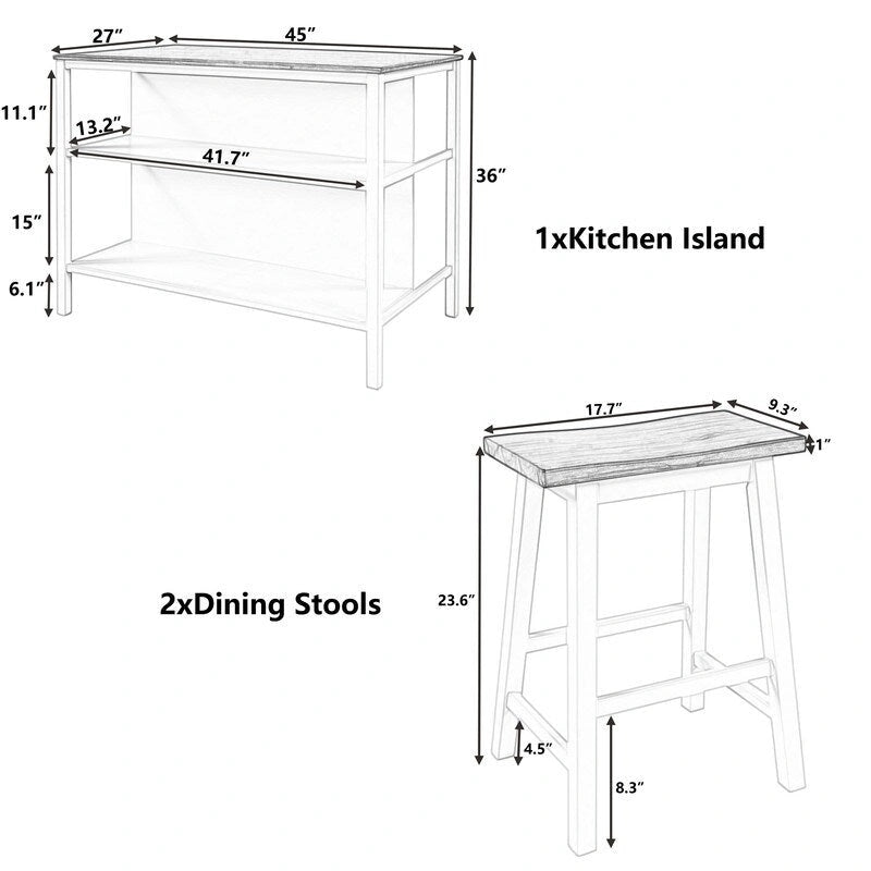 Ensemble îlot de cuisine rustique 3 pièces en bois massif Table de boucher stationnaire de 45 pouces avec deux tabourets et deux étagères ouvertes.