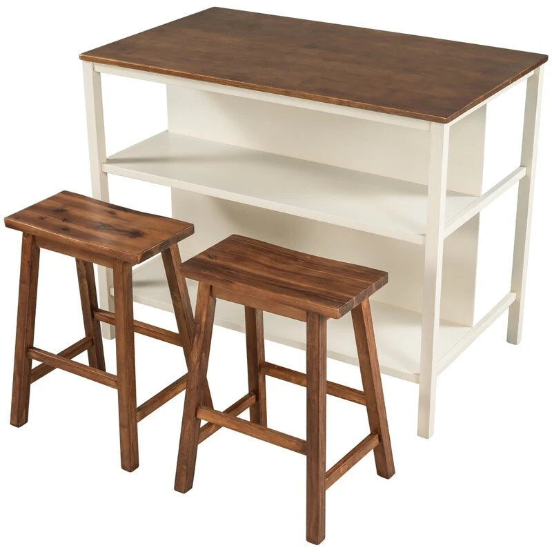 Ensemble îlot de cuisine rustique 3 pièces en bois massif Table de boucher stationnaire de 45 pouces avec deux tabourets et deux étagères ouvertes.