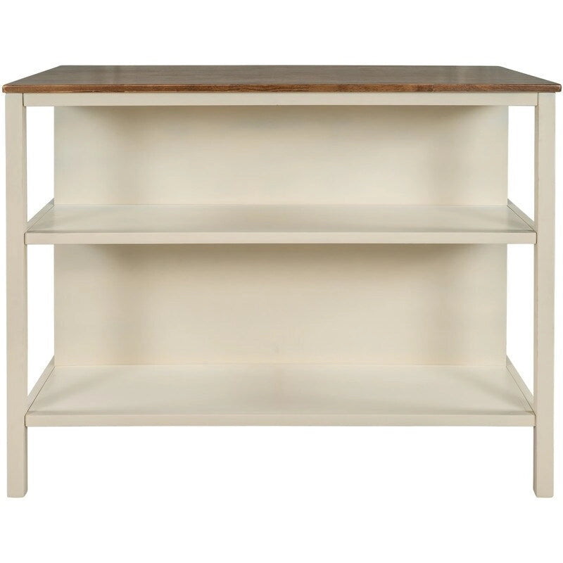 Ensemble îlot de cuisine rustique 3 pièces en bois massif Table de boucher stationnaire de 45 pouces avec deux tabourets et deux étagères ouvertes.