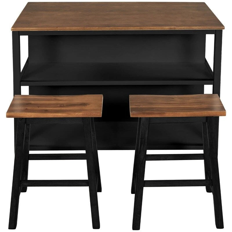 Ensemble îlot de cuisine rustique 3 pièces en bois massif Table de boucher stationnaire de 45 pouces avec deux tabourets et deux étagères ouvertes.