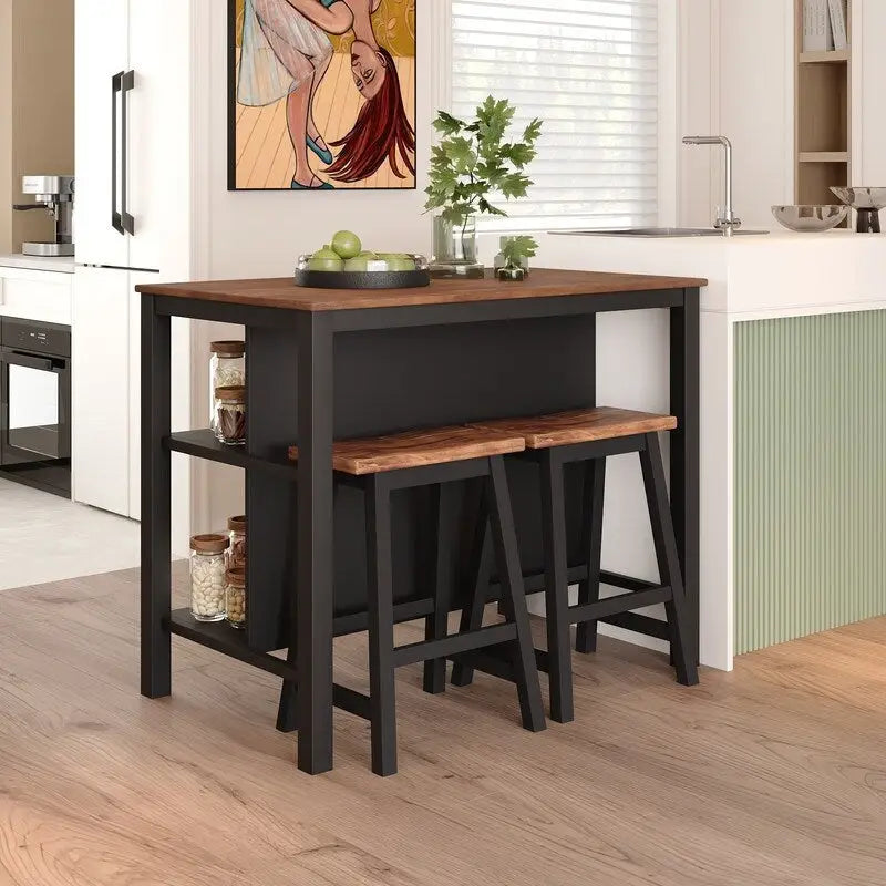 Ensemble îlot de cuisine rustique 3 pièces en bois massif Table de boucher stationnaire de 45 pouces avec deux tabourets et deux étagères ouvertes.