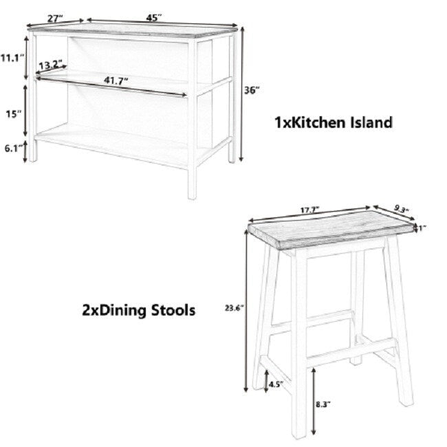 Ensemble îlot de cuisine rustique 3 pièces en bois massif Table de boucher stationnaire de 45 pouces avec deux tabourets et deux étagères ouvertes.