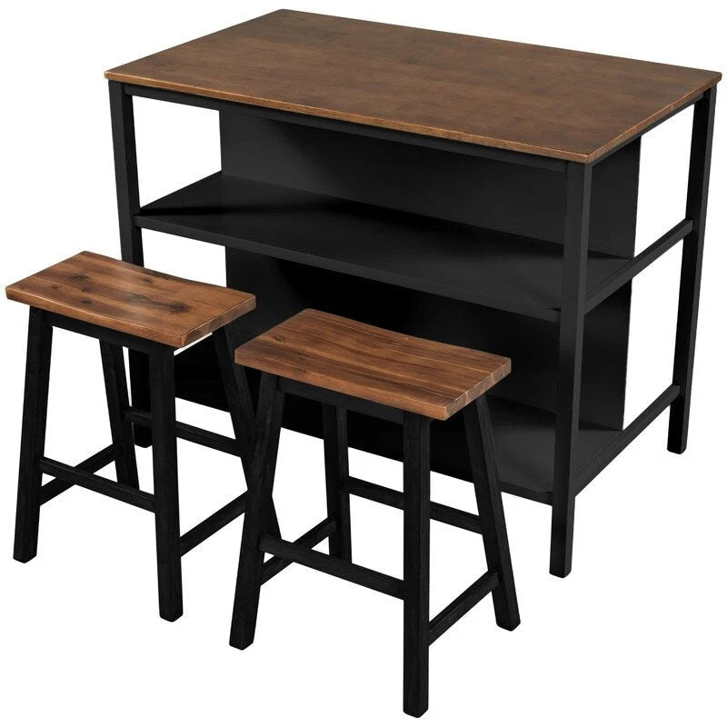 Ensemble îlot de cuisine rustique 3 pièces en bois massif Table de boucher stationnaire de 45 pouces avec deux tabourets et deux étagères ouvertes.