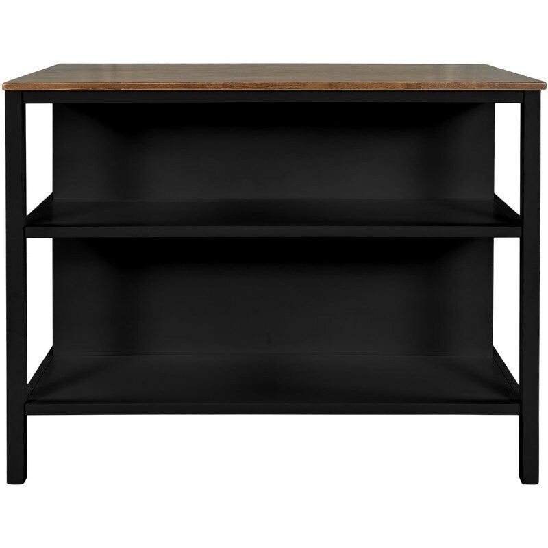Ensemble îlot de cuisine rustique 3 pièces en bois massif Table de boucher stationnaire de 45 pouces avec deux tabourets et deux étagères ouvertes.