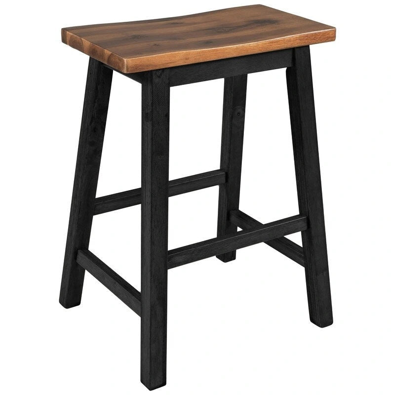 Ensemble îlot de cuisine rustique 3 pièces en bois massif Table de boucher stationnaire de 45 pouces avec deux tabourets et deux étagères ouvertes.