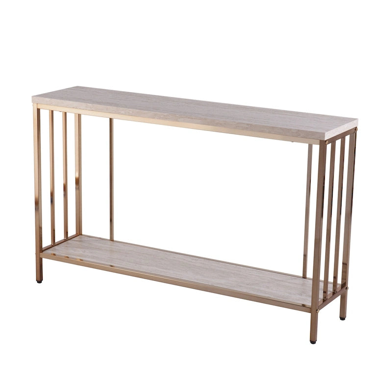 Console rectangulaire en fausse pierre couleur champagne avec base d'étagère dorée - 47,5 L x 12 l x 29,5 H