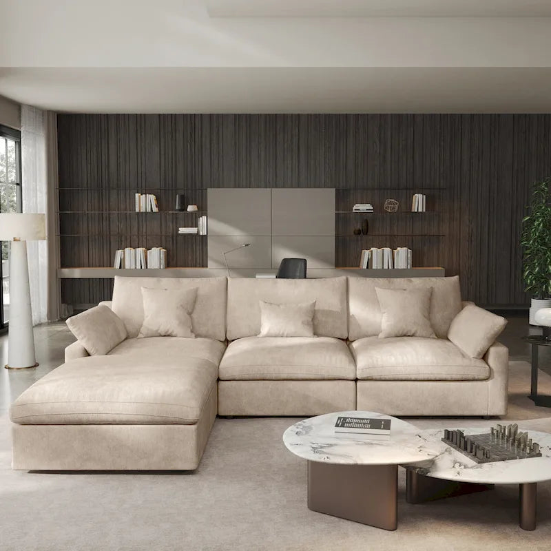 Canapé d'angle en lin minimaliste Cloud, canapé d'angle en L profond avec coussins