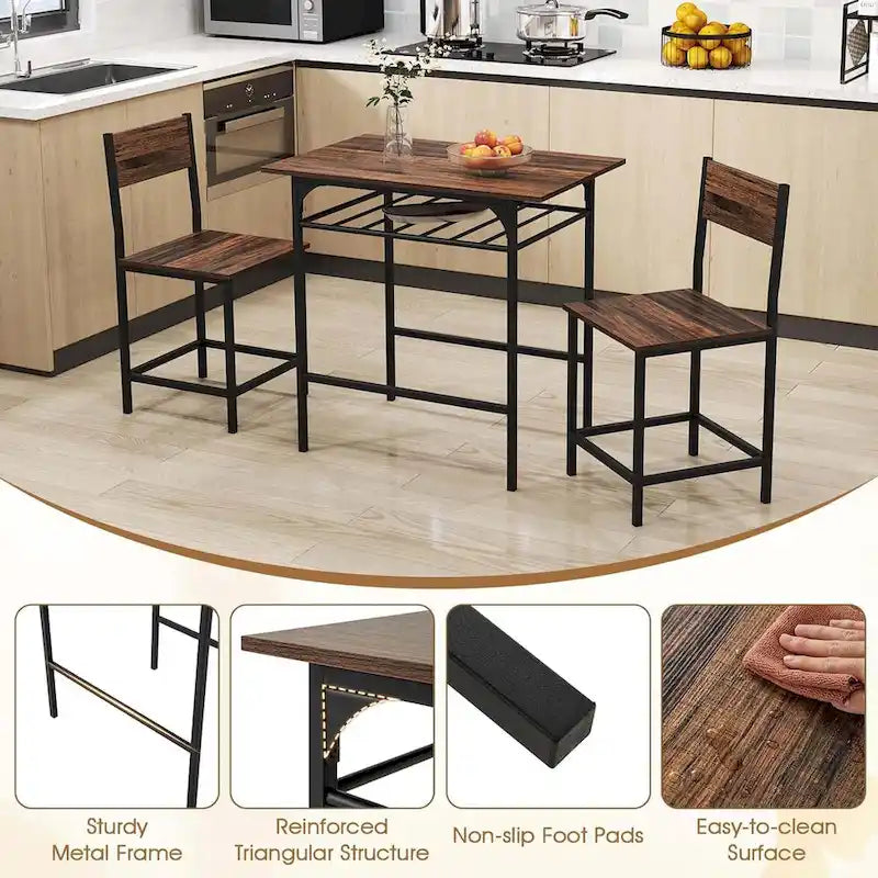 Ensemble de table à manger 3 pièces style industriel avec casier à vin